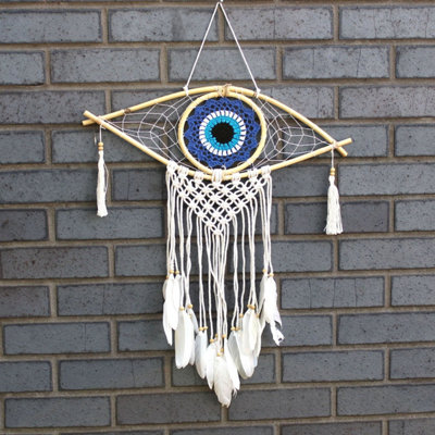 Protection Dream Catcher With Evil EyeHandmade Macrame & Feathers (52X09Cm) from B&Q