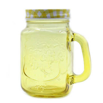  - Funky Mason Jar With Lid450Ml Iced Cold Drink GlassYellow