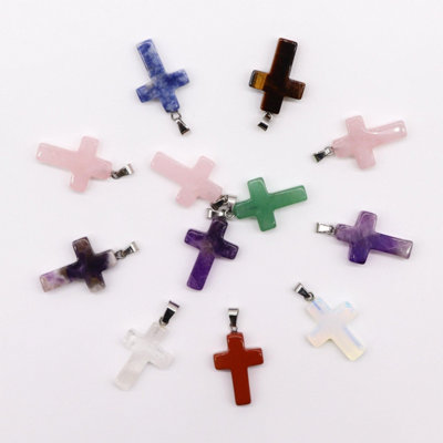  - Set Of 12 Natural Gemstone Cross Pendants 25X18mm For Jewelry & Crafts
