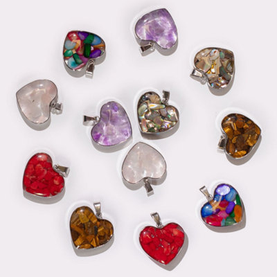  - Steel Cased Heart Pendants With Gemstone Chips & Shells12 Pack
