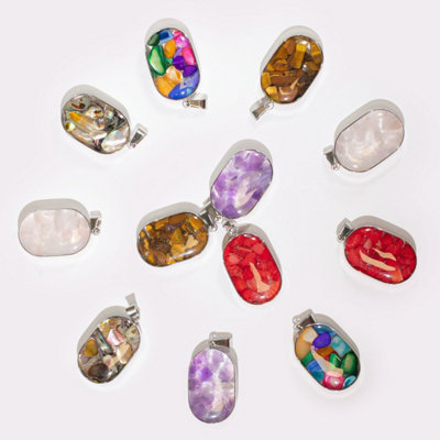  - 12 Assorted Gemstone & Shell Steel Cased Pendant Set For Jewelry
