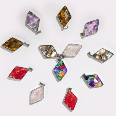  - 12 Assorted Gemstone & Shell Steel Pendant Set For Jewelry & Crafts