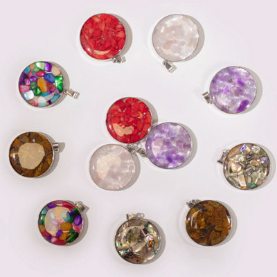  - 12 Assorted Gemstone & Shell Steel Cased Pendant Set For Jewelry & Crafts