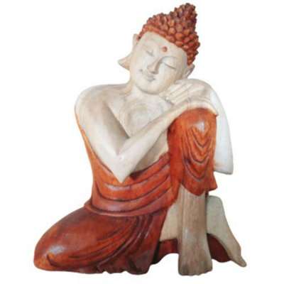 Hand Carved Suar Wood Buddha Statue25CmNatural & Unique Art from B&Q