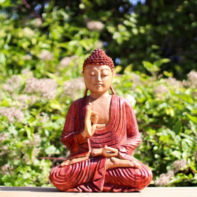 Hand-Carved Suar Wood Buddha Statue30CmNatural & Unique Art from B&Q