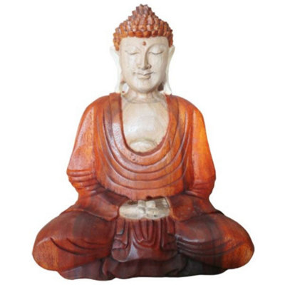 Hand Carved Suar Wood Buddha Statue30CmNatural & Unique Art from B&Q