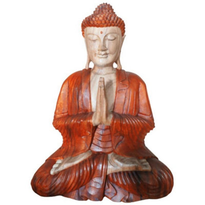 Hand Carved Buddha Statue 60Cm Natural Suar Wood Art from B&Q