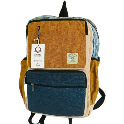 Large Hemp Backpack In Teal & TurmericStylish & Spacious Travel Bag from B&Q