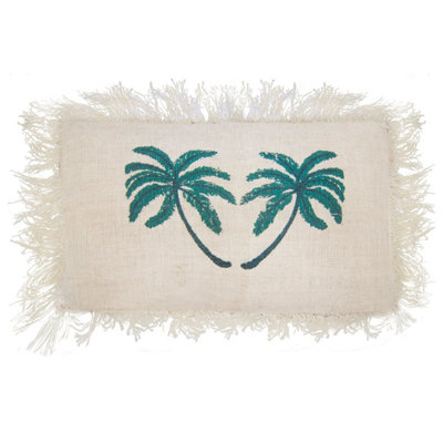  - Premium Linen 30X50Cm Palm Tree Cushion Cover With FringeTropical Decor