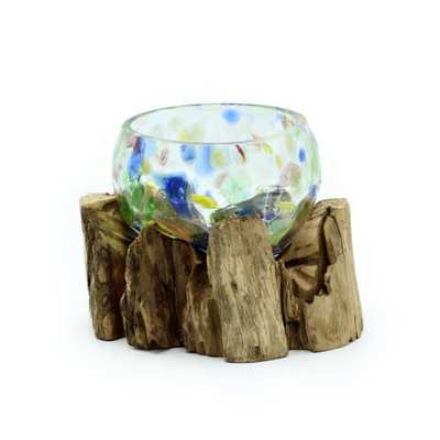 Molten Coloured Glass & Wood Small Decorative Bowl from B&Q