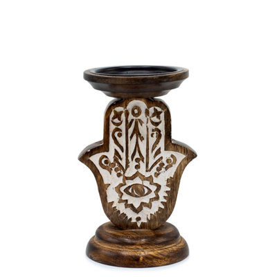Mango Wood Hamsa Candle StandSmallDurableHand-Carved Decor from B&Q