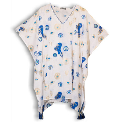 Nomad Sari Med Collection KaftanWhiteBlue & Gold Evil Eye Cover-Up from B&Q