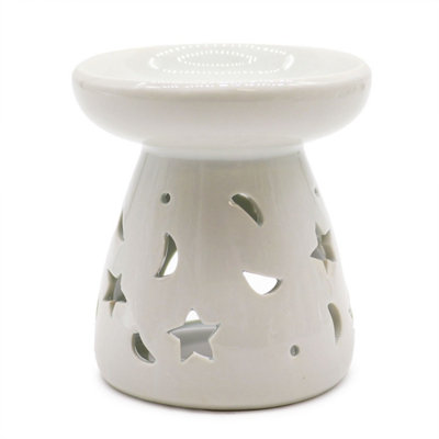 Large White Ceramic Oil Burner With FloralStar & Dragonfly Designs from B&Q