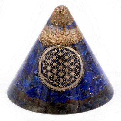 Lapis Flower Of Life Orgonite Cone90mm With Suspended Quartz from B&Q