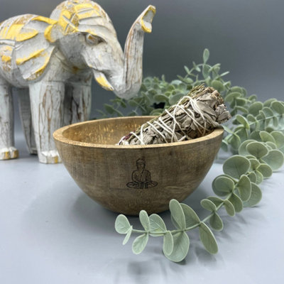 Wooden Smudge & Ritual Offering Bowl With Buddha Design from B&Q