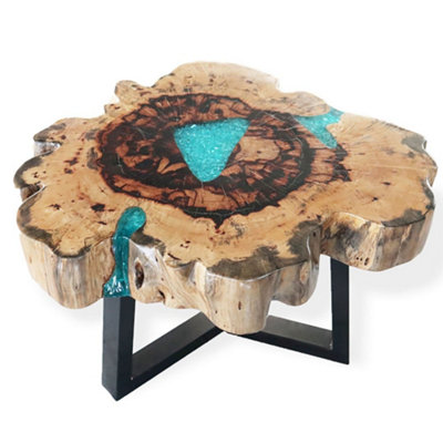  - Tamarind & Resin Aqua Coffee Table Unique Modern Wooden Centerpiece