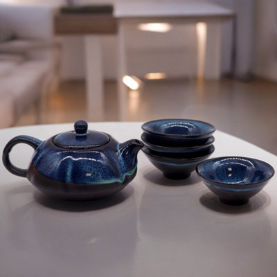 Herbal Blues Teapot & 4 Cups SetCeramic Tea Gift from B&Q