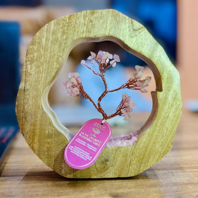 Handcrafted Rose Quartz Gemstone Tree In Mango Wood RingElegant Natural Decor from B&Q