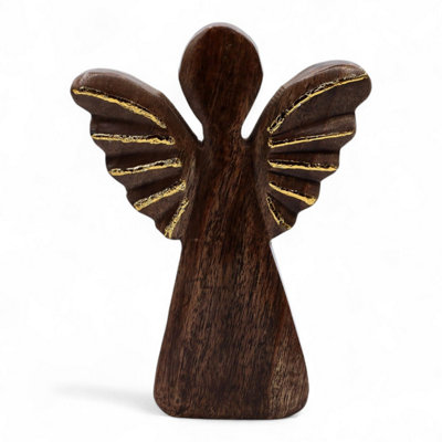 Large Mango Wood Angel DecorHand-Carved Gold Wing Home Accent from B&Q