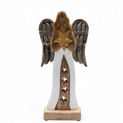 Large Mango Wood Angel With Metal Wings & Enamel StarHandcrafted Decor from B&Q