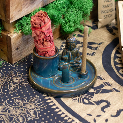 Ceramic Blue Buddha Incense Plate With HoldersMeditation & Decor