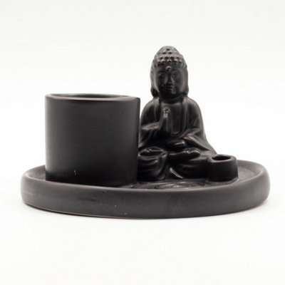 Multi-Purpose Ceramic Buddha Incense PlateMatte BlackAsh Holder