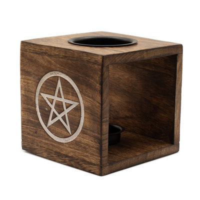 Large Square Mango Wood Oil BurnerModern Pentagon Geometric Design from B&Q