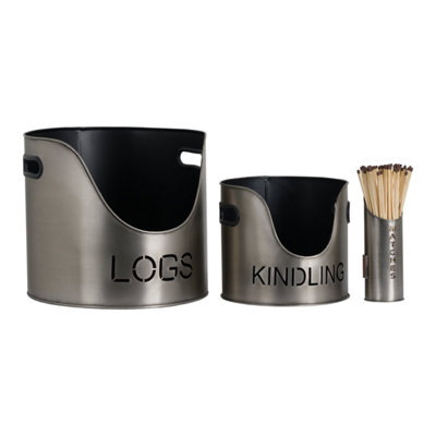Aged Pewter Log & Kindling Bucket With Matchstick HolderModern Fireplace Set from B&Q