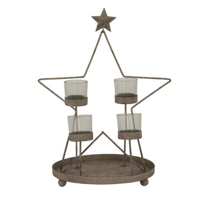  - Rustic Star Centerpiece With 4 Glass Votives & Led Candle Holders