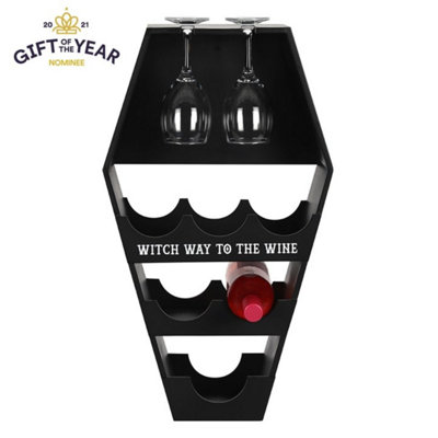 Spooky Coffin Wine Shelf With Glass Slots & "witch Way To The Wine" Decor from B&Q