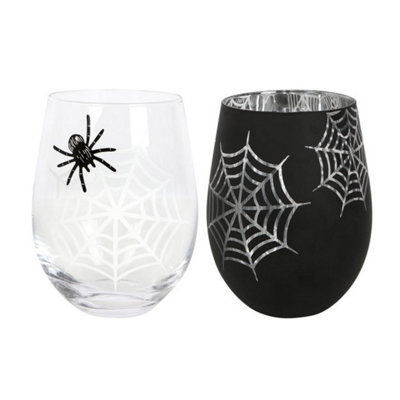  - Set Of 2 Spider & Web Stemless Wine Glasses500MlUnique Halloween Gift