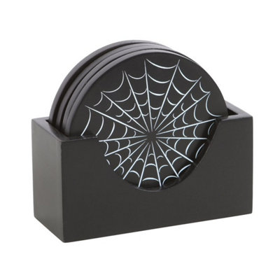  - Black Spiderweb Coaster Set With HolderGothic Halloween Decor
