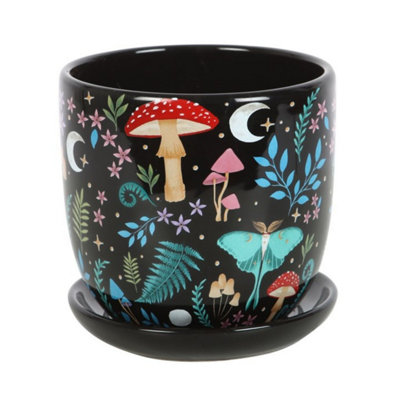 Dark Forest Print Ceramic Plant Pot With SaucerUnique Flora & Fauna Design from B&Q