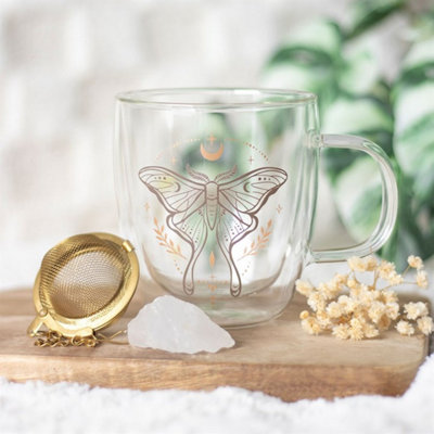  - Luna Moth Double Walled Glass Mug With Crystal Tea Infuser