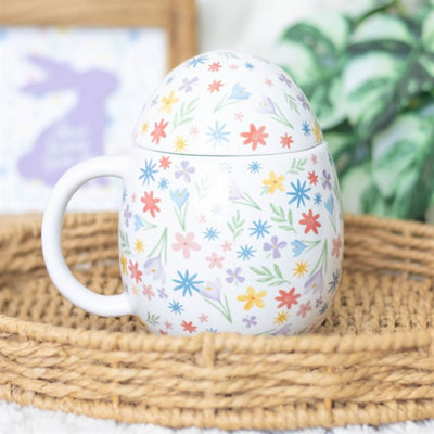  - Spring Floral Egg-Shaped Ceramic Mug With Lid For Hot Drinks