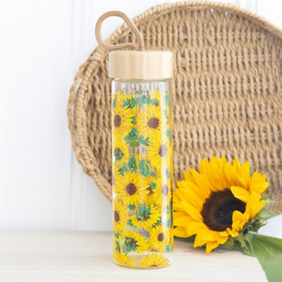  - Sunflower Print Glass Water Bottle600MlBamboo Lid & Loop