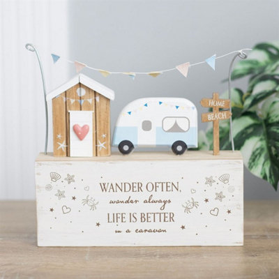 Wander Often Beach Hut & Caravan Wooden OrnamentTravel Decor from B&Q