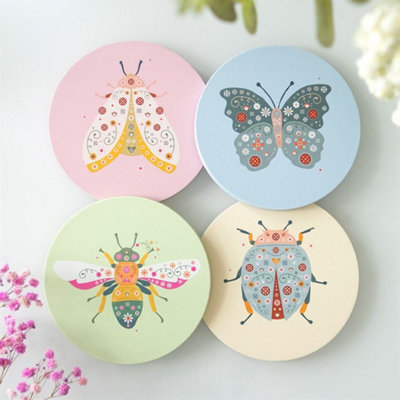 Floral Bug Coaster Set4 Pastel Whimsical Bug Drink Coasters from B&Q
