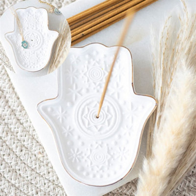 White Hamsa Hand Incense Holder & Trinket DishProtective Energy Decor from B&Q