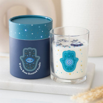 Hand Of Hamsa White Rose Candle With CrystalsSpiritual Sanctuary Gift from B&Q