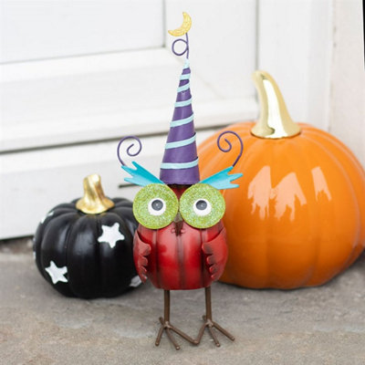 Red Metal Owl Ornament With Witch HatHalloween Decor from B&Q