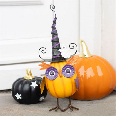 Orange Metal Owl Halloween Ornament With Witch Hat & Ghost Decor from B&Q