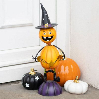 Orange Metal Pumpkin Man Ornament With Witch HatHalloween Decor from B&Q