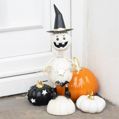  - White Metal Pumpkin Man Ornament With Witch HatHalloween Decor