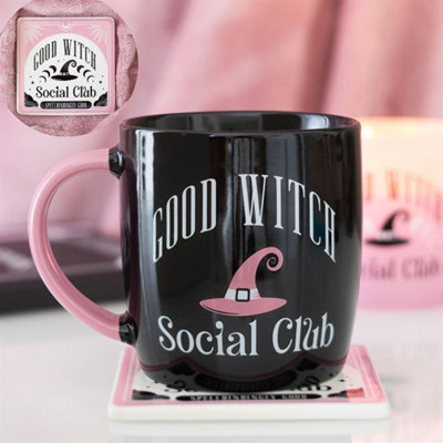 Good Witch Social Club Mug & Coaster SetPastel Pink Witch Hat Gift from B&Q