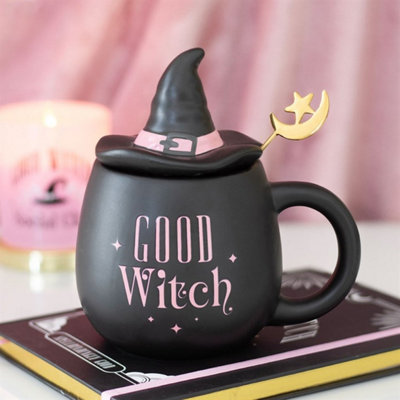  - Good Witch Lidded Mug With SpoonPink Ceramic Hat & Moon Decor