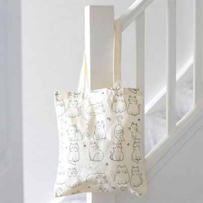 White Cat Print Polycotton Tote BagPlayful Cat Design For Everyday Use from B&Q