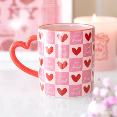 Love Yourself Checkered Mug With Heart Handle350Ml Gift from B&Q