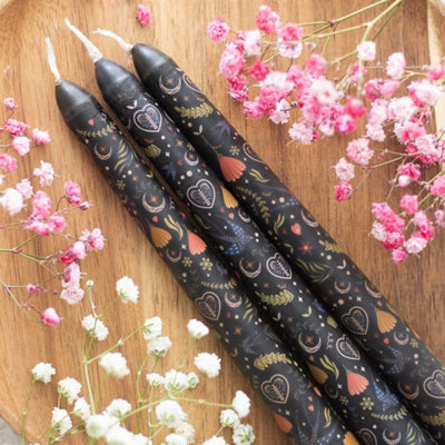 Set Of 3 Black Midnight Print Taper Candles For Gothic Decor from B&Q