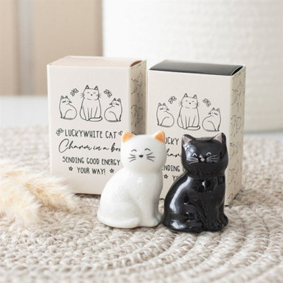 Lucky Cat Charm Set24 White & Black Ceramic Good Fortune Gifts from B&Q